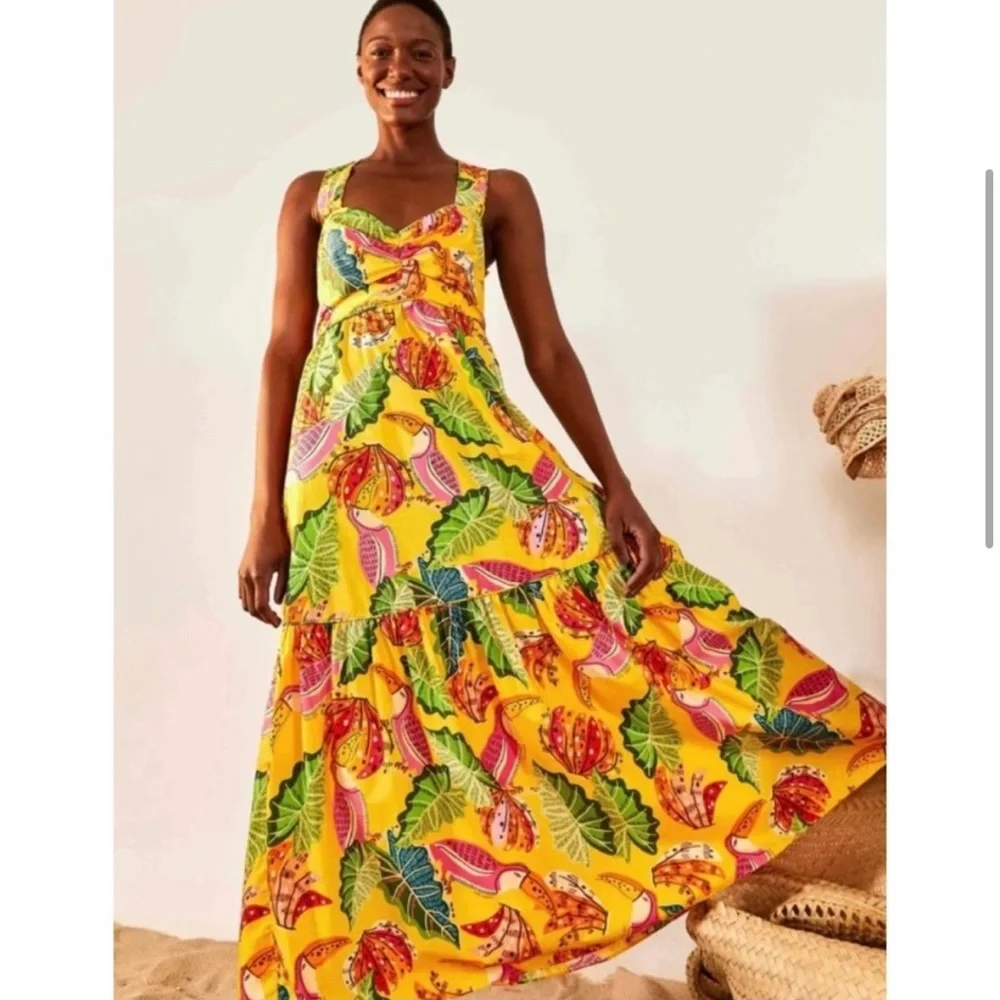NWT Farm Rio Yellow Beaks and Bananas Maxi Dress Size Medium - Picture 4 of 9